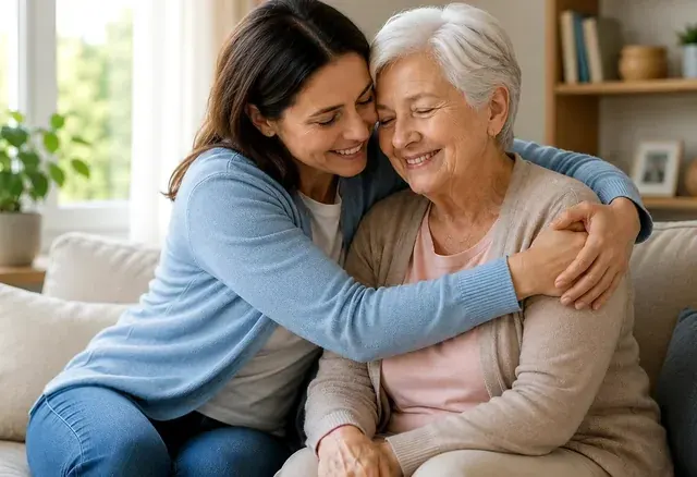 Adult daughter hugging her senior mother on a couch