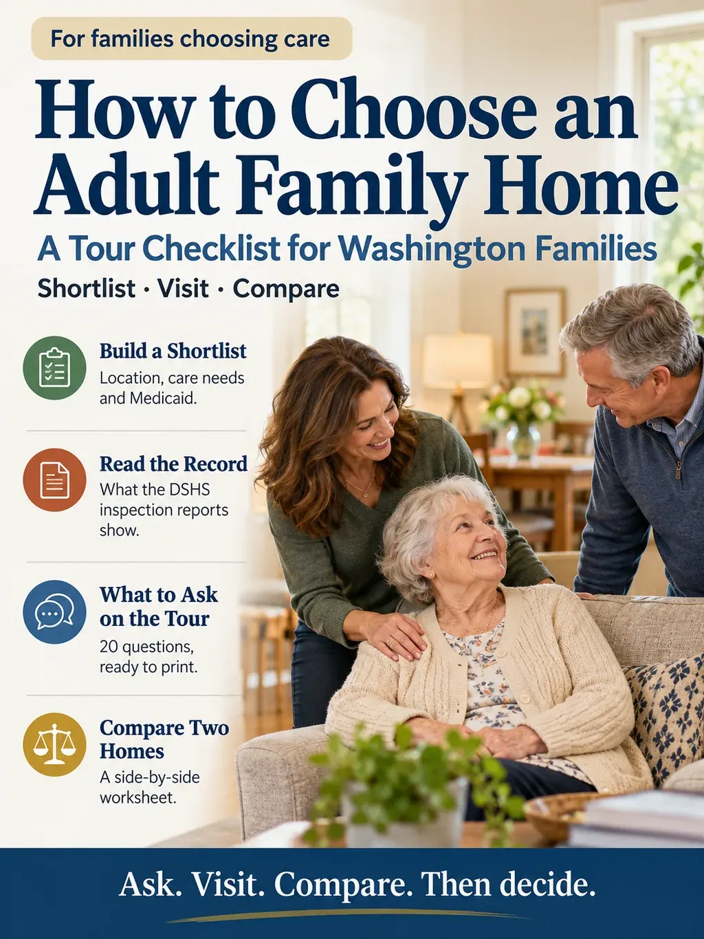 How to Choose an Adult Family Home: a tour checklist for Washington families. Build a shortlist, read the record, what to ask on the tour, compare two homes.
