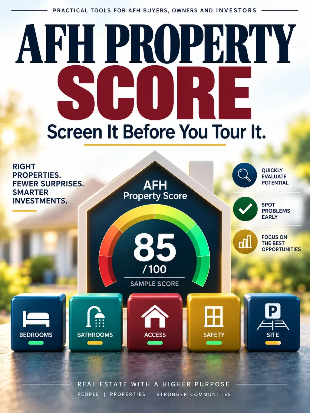 AFH Property Score: Screen It Before You Tour It. A sample score of 85 out of 100 across bedrooms, bathrooms, access, safety, and site.